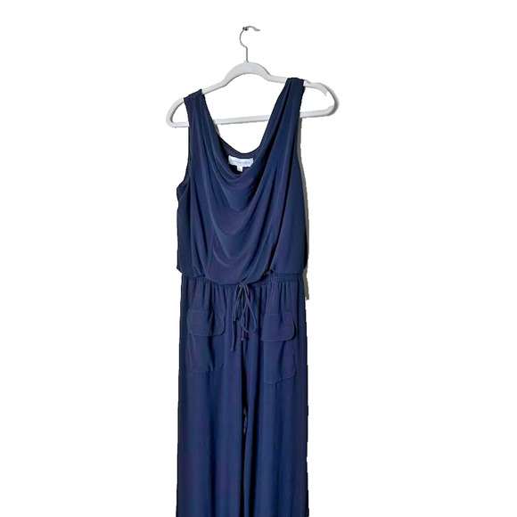 Emma & Michelle Navy Blue Jumpsuit Large Wide Leg Tie Waist Drape Office Stretch - Picture 2 of 5
